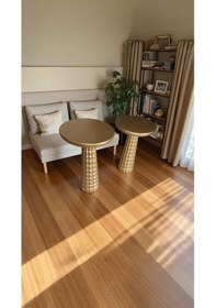 Resim Doğal 2 Li Ahşap Mantar Sehpa Altın Varak Yan Sehpa Seti Bej 