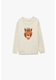 Resim Koton Erkek Bebek Pamuklu Uzun Kollu Bisiklet Yaka Kaplan Baskılı Sweatshirt Ekru 