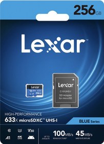 Resim Lexar LSDMI256BBEU633A 256GB 633X microSDXC UHS-I 100Mb/sn Read 45Mb/sn Write + SD Adaptor U3 A1 V30 4K Class10 Hafıza Kartı 