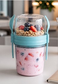 Resim Eynel 1100 ml Take-go Kaşıklı Hazneli Meyveli Yoğurt Kabı Piknik Atıştırmalık Granola Yoğurt Süt Bardağı 