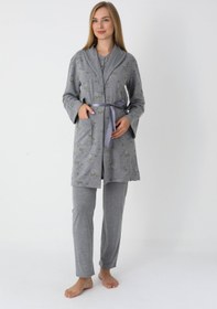 Resim Çiçek Desenli Penye Sabahlıklı 3'lü Hamile Lohusa Pijama Takımı - 3452 - Mavi / L / Terlik ve Taç Seti İstemiyorum 