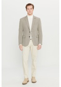 Resim Premıum Altınyıldız Erkek Bej Yünlü Regular Fit Mono Yaka Kapak Cepli Armürlü Blazer Ceket 