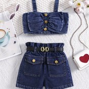 Resim Kızlar için Trendy Kot Takımı Fiyonk Süslemeli Askılı Üst + Volanlı Yüksek Belli Pantolon Şortları ve Kemer Rahat 2'li Yazlık Dış Mekan Kıyafeti, Dış Mekanlar İçin Mükemmel 