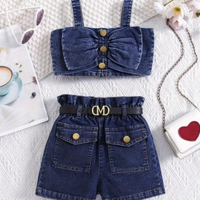 Resim Kızlar için Trendy Kot Takımı Fiyonk Süslemeli Askılı Üst + Volanlı Yüksek Belli Pantolon Şortları ve Kemer Rahat 2'li Yazlık Dış Mekan Kıyafeti, Dış Mekanlar İçin Mükemmel 