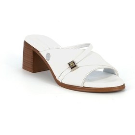 Resim Mammamia D26yt-6065 Beyaz Hakiki Deri Kalın Topuklu 6cm Kadın Trendy Terlik 