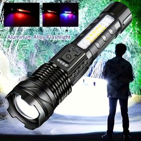 Resim 1 Adet Güçlü El Feneri, Kamp ve Taktik Işık, USB Şarj Edilebilir 1500mAh/2600mAh Dahili Pil, Kırmızı Mavi Uyarı Işıklı, Ultra Parlak Uzun Menzilli Zoom Özellikli Balıkçı ve Bisiklet Feneri 