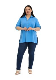 Resim Disentis Modest Büyük Beden Yakası Düğme Ve Pat Detaylı Kolu Apoletli İndigo Bluz 