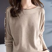 Resim Kadınlar İçin Şık - Düğmeli Tekne Yaka Kazak - Bej & Kontrast Renk Bloklu Ceket, Her Mevsim Kullanılabilir Gömlek Gibi Çift Amaçlı Üst (El Yıkama/Hemşirelik), Kadınlar İçin Şık ve Zarif Kazaklar 