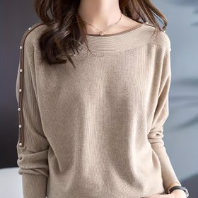 Resim Kadınlar İçin Şık - Düğmeli Tekne Yaka Kazak - Bej & Kontrast Renk Bloklu Ceket, Her Mevsim Kullanılabilir Gömlek Gibi Çift Amaçlı Üst (El Yıkama/Hemşirelik), Kadınlar İçin Şık ve Zarif Kazaklar 