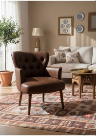 Resim Waterybrook Tekli Berjer Koltuk - Kapitoneli Suni Deri - Ceviz Ahşap Ayaklı - Modern Tasarım Acı Kahve 