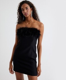 Resim Koton Tüylü Straplez Mini Elbise Vücuda Oturan Kalıp Siyah 5wak80002fw 