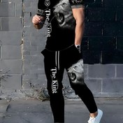 Resim 3D Erkek Spor Şık Lion Baskılı Yuvarlak Yaka Kısa Kollu Uzun Pantolon Seti 