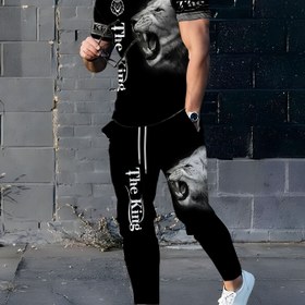 Resim 3D Erkek Spor Şık Lion Baskılı Yuvarlak Yaka Kısa Kollu Uzun Pantolon Seti 