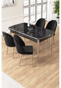Resim Canisa Edaf Serisi 80x132 Açılabilir Siyah Mermer Desen Mutfak Masa Takımı 4 Siyah Sandalye Krom Detay Masa Siyah Mermer Desen Sandalye Siyah Krom Ayak 