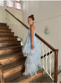 Resim Butikhappykids Kız Çocuk Askılı Mavi Zincir Detaylı Kat Etekli Kuyruklu Abiye Elbise 10-15 Yaş Mavi 