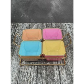 Resim 4 Bölmeli Gold Standlı Cam Kahvaltılık Çerezlik Sunumluk Renkli 