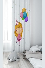 Resim Pelangi Beyaz Fon Balonları Tutan Mutlu Kız Desenli Dijital Baskı Yıkanabilir Bebek Çocuk Odası Fon Perdesi, turuncu-beyaz 70 x 200 