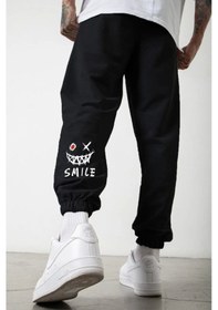 Resim Pandy Smile Face Baskılı Unisex Slimfit Paça Lastikli Eşofman Altı Siyah 