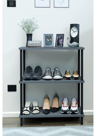 Resim 3 Katlı Ayakkabılık Raf - Çevir Tak Sistemli Kolay Kurulum Metal Gövde Ahşap Raflı Organizer Antrasit 
