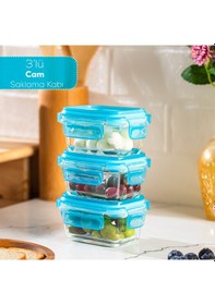 Resim Porsima 4376 3lü Kilitli Sızdırmaz Kapaklı Yiyecek Erzak Saklama Kabı Seti - Cam Saklama Kabı - 150ml Mavi Mavi 