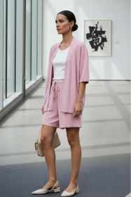 Resim NO 601 Kadın Somon Pembe Bürümcük Dokulu Oversize Kimono ve Beli Lastikli Şort Yazlık İkili Takım 