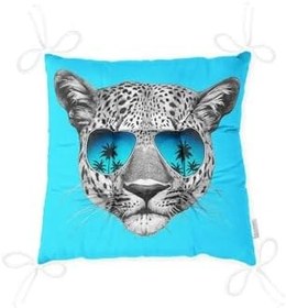 Resim RealHomes Mavi Zeminli Gözlüklü Cool Leopar Desenli Modern Pofidik Sandalye Minderi 