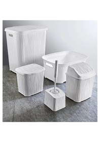 Resim Dalgalı 5 Parça Banyo Seti Kirli Çamaşır Sepeti Deterjanlık Çöp Kovası Temiz Çamaşır Sepeti Beyaz Beyaz 