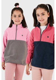 Resim Lela Yumuşak Dokulu Yarım Fermuarlı Renk Bloklu Dik Yaka 2'Li Paket Çocuk Polar 5905004S2 Fuşya Lacivert-Şeker Pembe Gri 