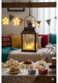 Resim 10 Cm Ramazan Ledli Kare Altın Aynalı Fener - Pil Dahil Dekoratif Ramazan Feneri Diğer 