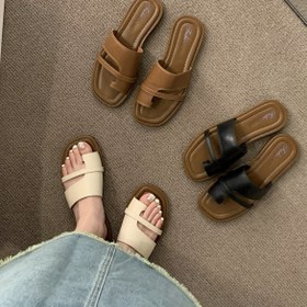Resim 1 Çift Kadın Retro Kayma Roman Sandaletleri - Açık Parmak PVC Rahat Yaz Ayakkabıları, Kahverengi ve Siyah, Rahat Düşük Topuk, Günlük Kıyafet, Her Gün Sandaletleri | Minimalist Sandaletler | Dayanıklı Sandaletler 
