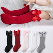 Resim 5'li Kızlar İçin Diz Üstü Çoraplar Kurdele Fiyonklu - Yumuşak, Nefes Alabilen Polyester Karışımı, Kırmızı, Pembe, Beyaz, Siyah & Gri Çizgili Tasarım - Her Mevsim İçin Mükemmel, Sadece Elde Yıkama, Sevimli Çoraplar 