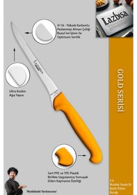 Resim Lazbisa Mft-015 Gold Serisi Mutfak Fileto Bıçağı Steak Bıçak Et Balık Tavuk Fileto Bıçağı 2 Li Set Sarı 