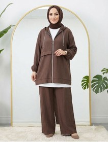 Resim Lovie Moda Kadın Kapüşonlu Fermuar Detaylı Jakarlı Pantolonlu Tesettür Takım Kahverengi 