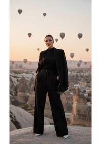 Resim Bol Paça Yüksek Bel Kadın Plazzo Pantalon Siyah Siyah 