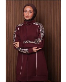 Resim Günlük Moda Kadın Tesettür Eşofman Takımı 2 Li Leopar Detaylı Bordo 