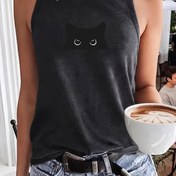 Resim Kadınlar için Siyah Kedi Baskılı Rahat Kolsuz Tank Top - Nefes Alabilen Orta Esneklikte Kumaş, Yuvarlak Yaka, Bahar Yaz Sonbahar İçin Makinede Yıkanabilir, Bayanlar için Tank Üstler, Mevsimlik Moda, Konforlu Giyim, Eğlenceli Tasarım, Yumuşak Dokulu 