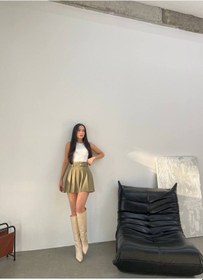 Resim Kadın Dokuma Kumaş Pileli Kemerli Etek Astarlı, Mini Boy, Modern Ve Şık Tasarım Haki 