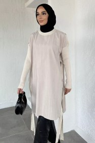 Resim Yan Düğmeli Tesettür Tunik Taş TZL-P-00020710 