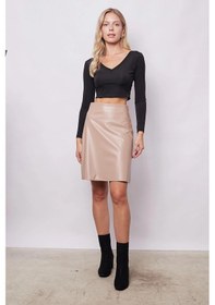 Resim Kadın Hafif Likralı Deri Yüksek Bel Diz Boy Çan Etek-bej Bej 