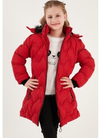 Resim Lela Peluş Astarlı Yakası Suni Kürklü Çıkarılabilir Kapüşonlu Kışlık Kız Çocuk Mont 5761905 Kırmızı 