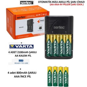 Resim Varta 4 Adet 2100 Aa Kalem+4 Adet 800mah Aaa Ince+sertec Stc-9v Otomatik-hızlı Pil Şarj 