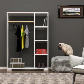 Resim Demonte Dekor Açık Gardırop 4 Raflı, Ahşap Askılık Pro Mini Gardırop Beyaz-Beyaz 
