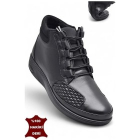 Resim 1454 Tam Ortopedik Siyah Hakiki Deri Kadın Bot Lastikli Fermuarlı Anne Kışlık Deri Bot Siyah 