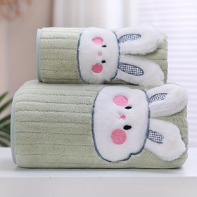 Resim 2'li Hipoalerjenik Karikatür Tavşan Havlu Seti, Hızlı Kuruyan Emici Banyo ve Yıkama Bezleri Kombini 