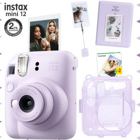 Resim Fujifilm Instax Mini 12 Lila Fotoğraf Makinesi - 20'li Film - Kıskaçlı Stand - Pvc Albüm ve Simli Pleksi Kılıf Seti 
