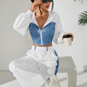 Resim Kadınların Şık İki Parça Seti - Mavi ve Siyah Fermuarlı Kapüşonlu Ceket Cebi ile, Uzun Kollu Crop Top ve Geniş Bacaklı Pantolon, Bahar/Sonbahar için Mükemmel, Rahat Şıklık, Rahat Giyim|Modern Rahat Giyim|Zipli Kapüşonlu Ceket 