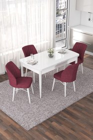 Resim Canisa Nef Serisi 70x114 Açılabilir Mdf Beyaz Mutfak Masası Takımı Ve 4 Bordo Sandalye 