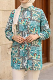 Resim Kirazca Butik Kadın Vintage Desenli Rahat Kesim Tesettür Tunik (Ön 80 / Arka 85) 