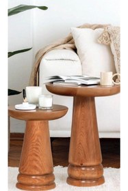 Resim ASELYA HOME Wood 2’li Set Mantar Yan Sehpa Ahşap Çiçeklik Fiskos Orta Sehpa 