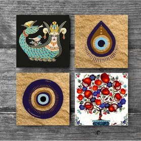 Resim Nazar, Şahmeran, Nar Ağacı Taş Bardak Altlığı Seti - 4 Parça - Dekoratif, Rustik Mutfak Aksesuarı, 10x10 cm, Kaydırmaz Tabanlı, Şık ve Dayanıklı SC525 